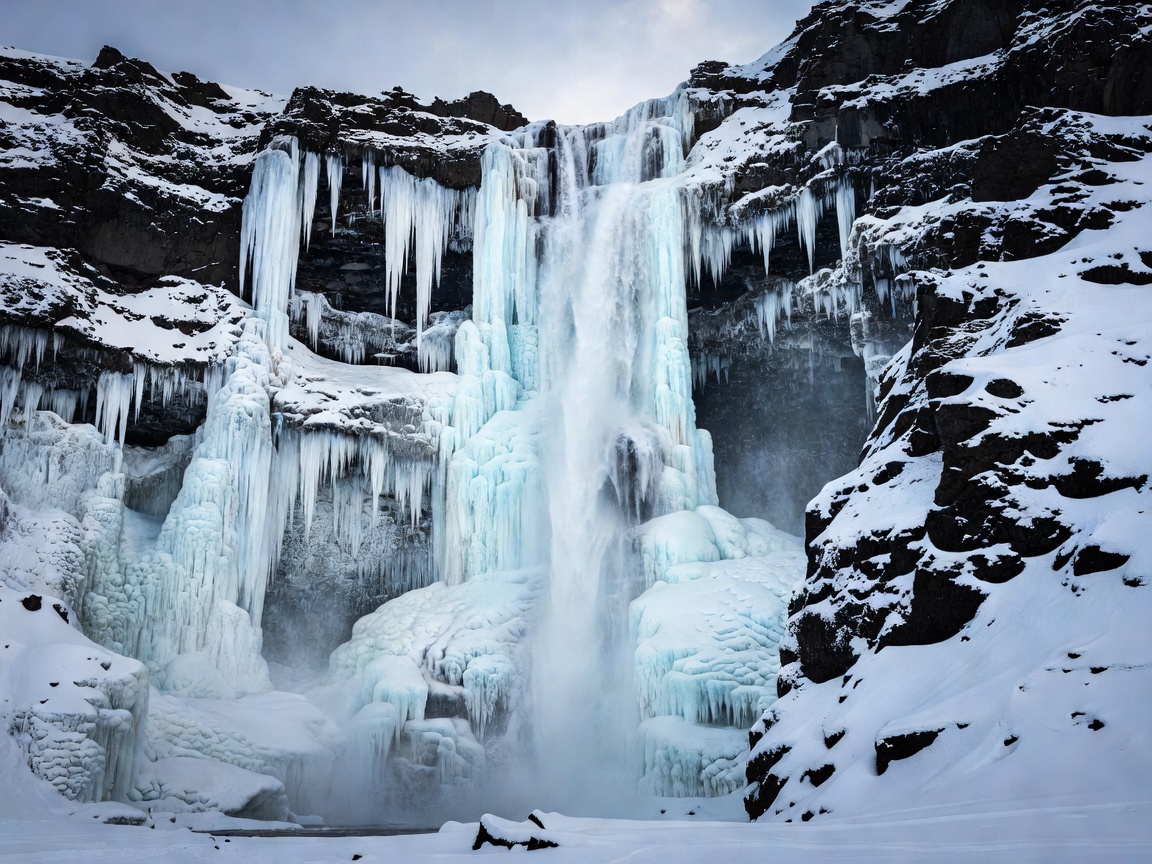 Frozen waterfall framed by dark Icelandic rock and winter snow