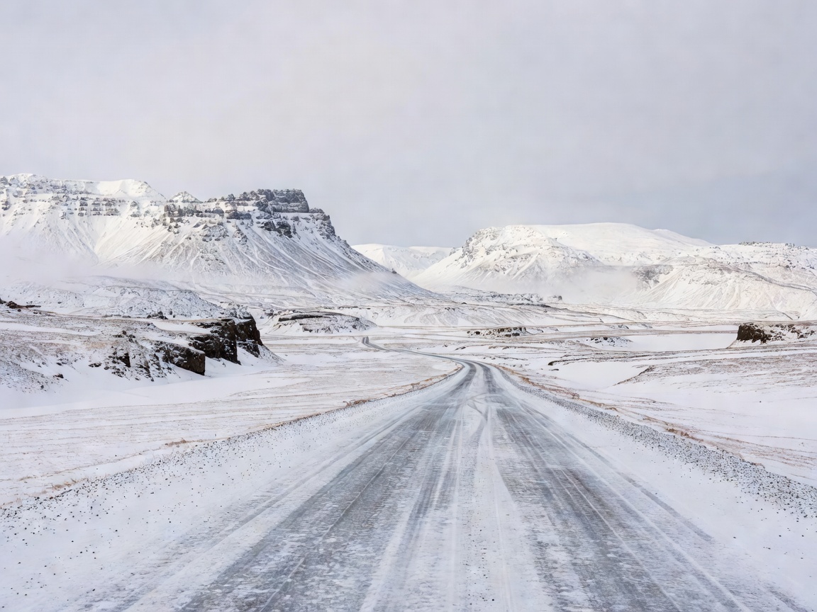 Snow-covered road surface and winter mountain terrain in Iceland