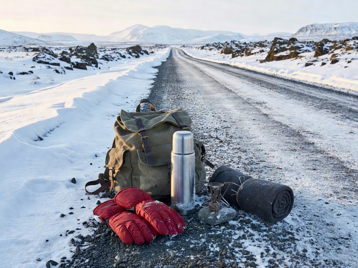 Winter travel kit arranged beside a snow-lined Icelandic road