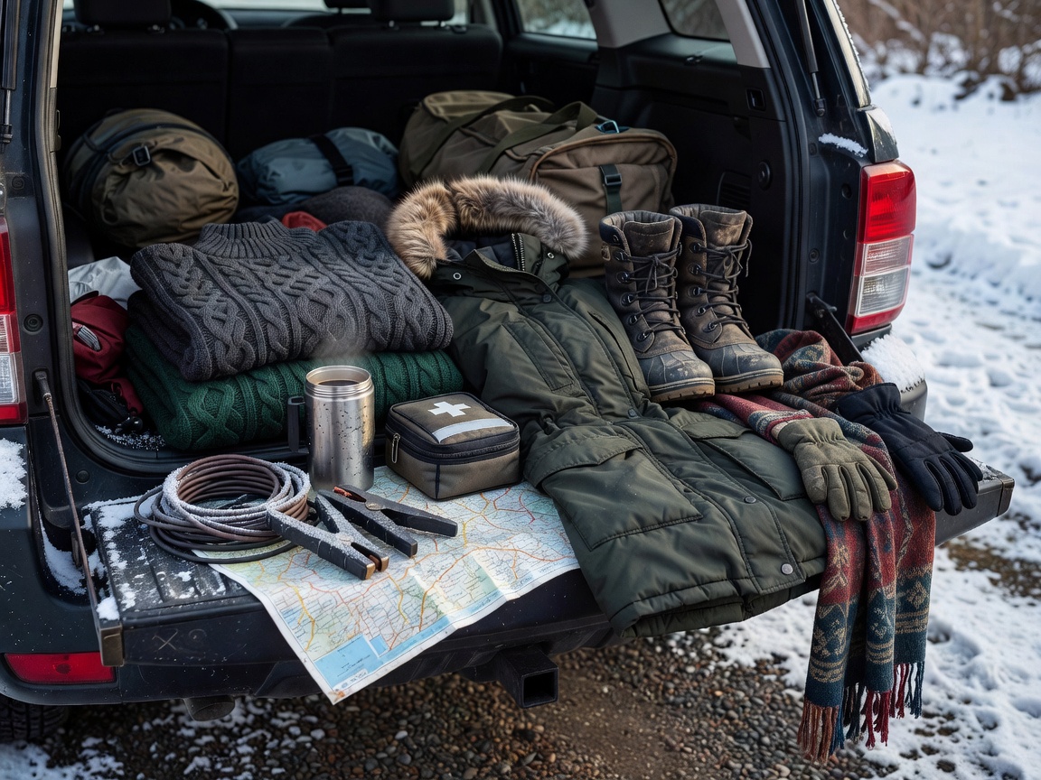 Winter travel supplies and warm clothing prepared for a road journey